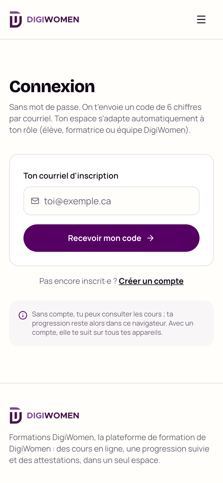 Page Connexion de la plateforme : champ courriel et bouton Recevoir mon code