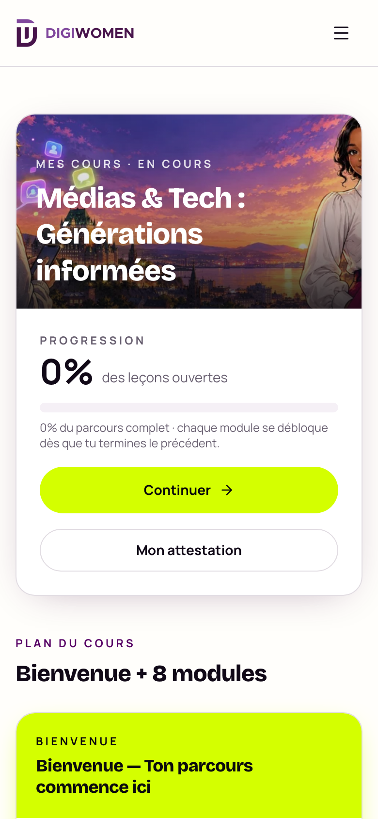 Page Mes cours : plan du cours avec les leçons et le pourcentage de progression